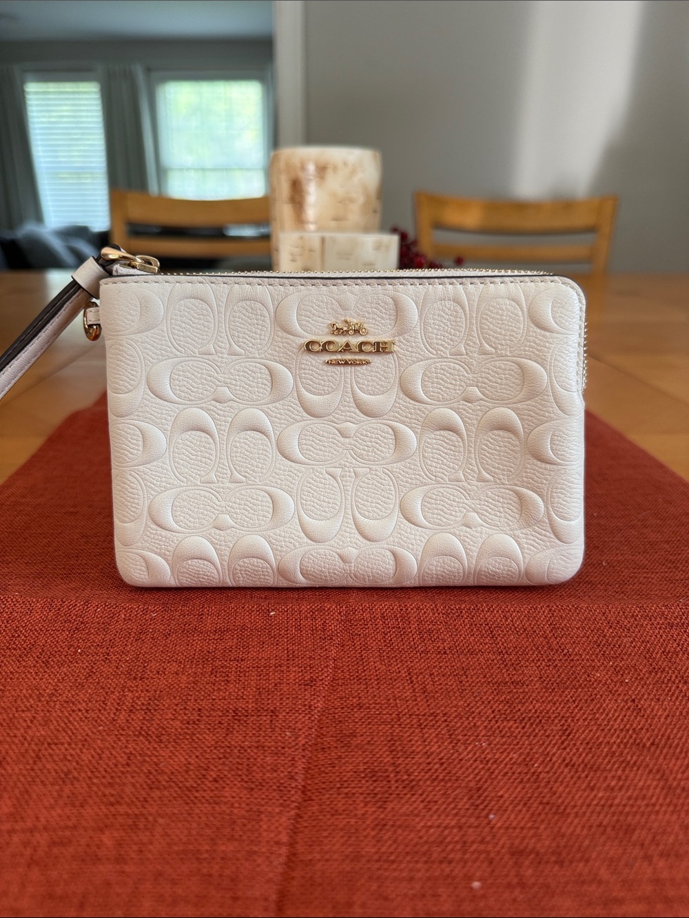 Coach Cream Embossed Signature Leather Wristlet with Gold Hardware